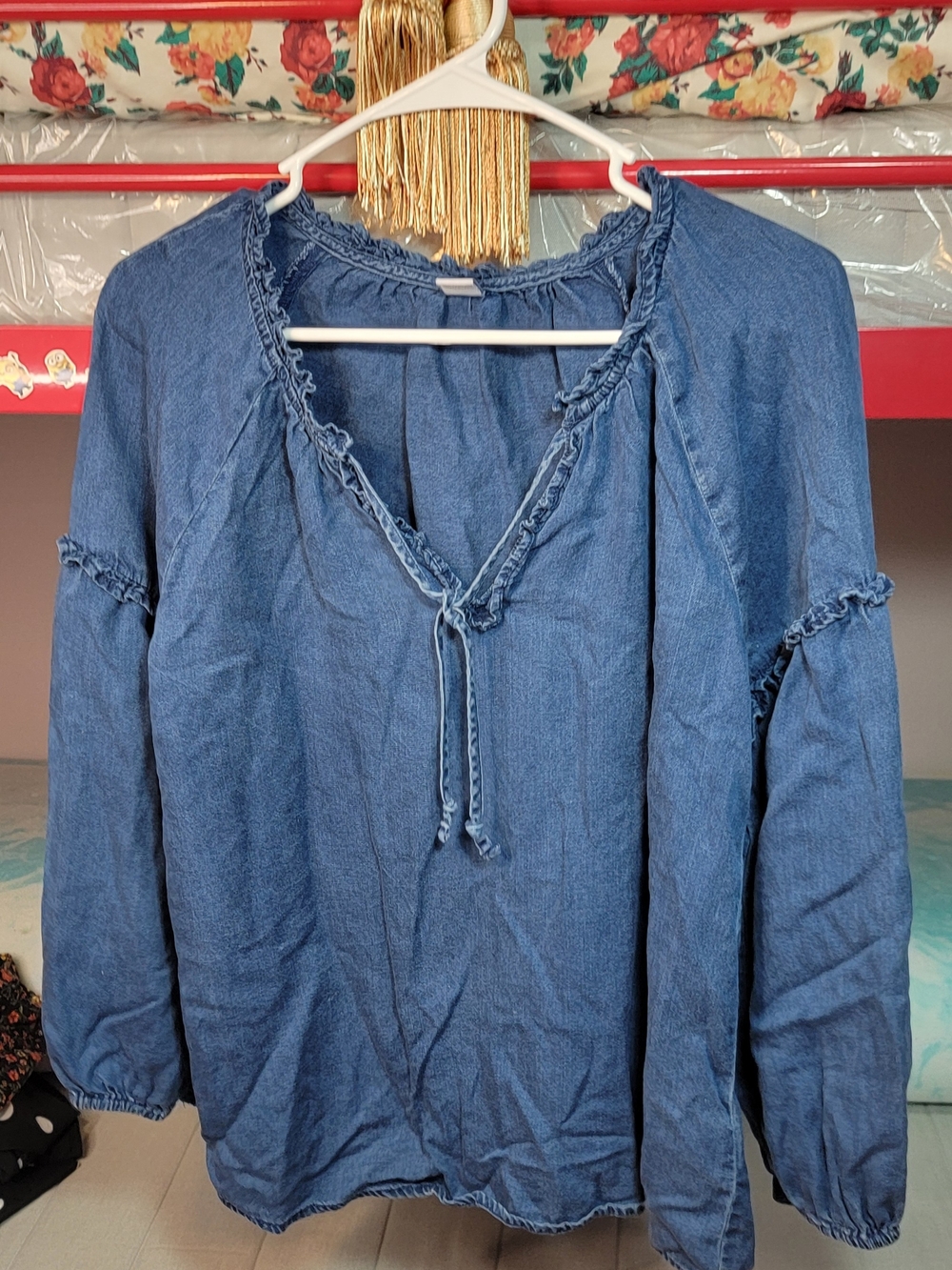 Old Navy Blue Denim Peasant Blouse with Tie Neck Size XSmall